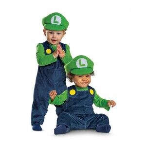 Baby Super Mario Bros. Luigi Jumpsuit Costume Hat 6-12 Months Disguise NEW